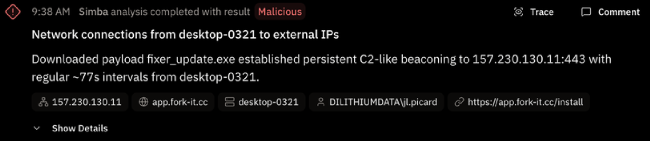 Analysis: Network connections from desktop-0321 to external IPs